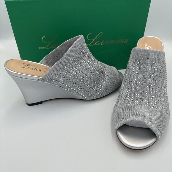 Lauren Lorraine Martha Women's Wedge Sandal Silver Glitter Rhinestones Size 8.5 - Picture 1 of 12